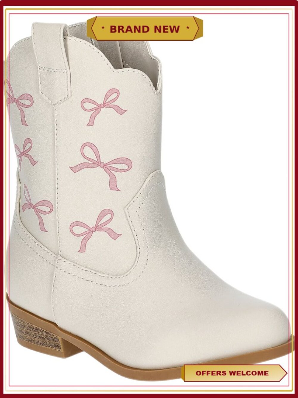 Girls Bow Print Western Cowgirl Boots with Side Zipper